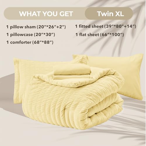 Image of HYMOKEGE Yellow Twin XL Comforter Set Seersucker 5 Pieces, All Season Luxury Bed in a Bag for Bedroom, Bedding Set with Comforter, Sheets, Pillowcase & Sham