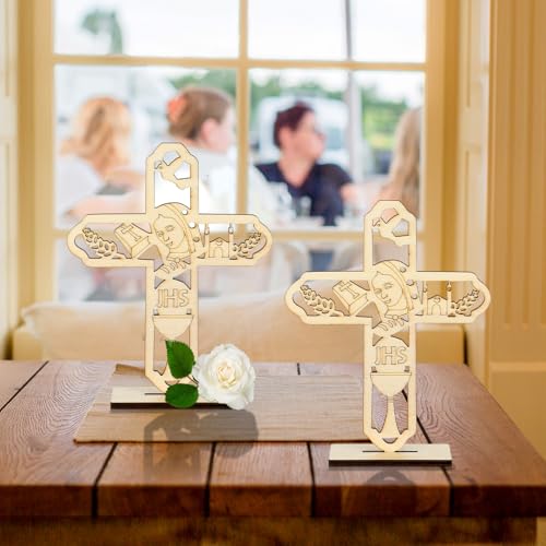 Image of Marsui 16 Pcs Wooden Baptism Centerpieces for Table, Recuerdos De Bautizo para Religious Catholic Table Decor for Lent Easter Christening Communion Baby Shower Wedding School Church(Jhs)