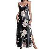 QIGUANDZ Women Vintage Silk Nightgown Floral Print V Neck Long Slip Dress Sexy Chemise Lingerie Ladies Split Side Sleepdress Black