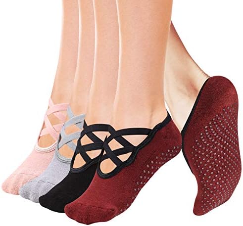 Yoga Socks Non Skid with Grips Barre Pilates Socks for Women Girls by Cooque (Pink,Grey,Black,Wine red-01)