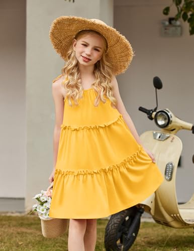 Arshiner Girl Summer Dresses Tween Boho Spaghetti Strap A-Line Swing Flowy Ruffle Tiered Sundress with Pockets2