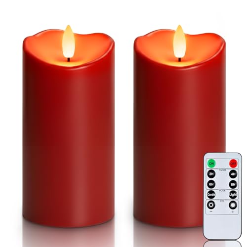 Image of Homemory Burgundy Flameless Candles, Waterproof Flickering Candles, Outdoor Battery Operated LED Pillar Candles with Remote Timer, Electric Fake Plastic Candles, Red, Christmas Decor, 3 inch x 6 inch
