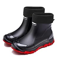 FREECOZYER Mens Wellington Waterproof Warm Rain Boots Outdoor Garden Fur-Lined Short Ankle Wellies Chelsea Booties Rain Shoes for Adults(Black-Red,UK 8.5)