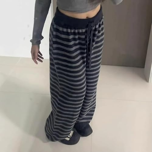 Alternative Drawstring Wide Leg Baggy Pants Streetwear Striped Knit Lounge Pants Women4