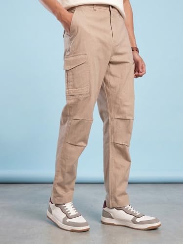 Image of Vogaan Men Cotton Linen Blend Cargo Pants | Mid Rise Regular Fit Casual Trousers | Multi Pocket Utility Bottom Wear | Comfortable Breathable Fabric Travel Outdoor Styling