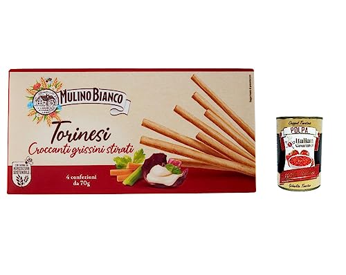 Mulino Bianco Torinesi - Juego de 12 palitos de pan crujientes estirados con harina sostenible, 280 g + polpa italiana gourmet 400 g