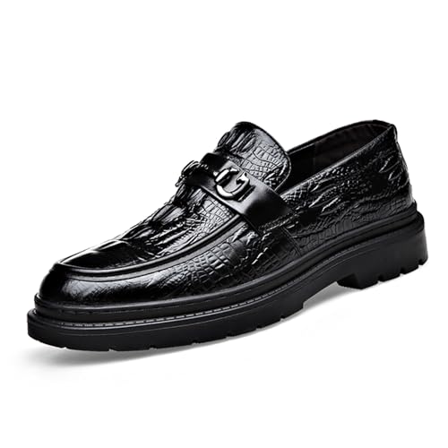 Men's Alligator Printed Platform Chunky Heel Loafers Comfort Round Toe Low-Top Slip-On Anti-Slip Lug Sole Fashion Metal Buckle Business Smart Casual Formal Derby Shoes