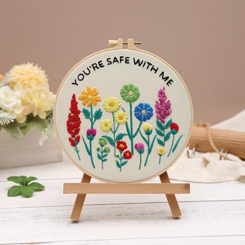 Image of Louise Maelys inchYou're Safe with Me inch Embroidery Kit for Beginners Floral | Cross Stitch Kits with Pre-Printed Fabric, Hoop, Threads, Needles and Guide. Needlepoint Kit for DIY Lovers