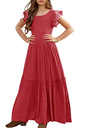 Image of MITILLY Girls Lace Flower Ruffle Sleeve A-Line Swing Wedding Party Long Maxi Dress with Pockets 12-13 Years Red