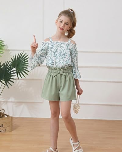 Image of Weebaby Girls Clothes 2 Piece Outfits Cute Kid Clothes Crop Top Paperbag Waist Shorts Set Summer Clothes for Tween Girls