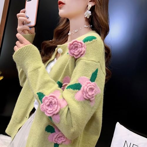 Image of FindThy Women's Kawaii 3D Floral Cardigan Long Sleeve Crewneck Knit Cardigan Sweaters