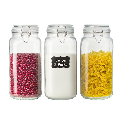 Image of Large Glass Storage Containers with Airtight Lids 78oz 3 Pack | Flour, Sugar, Cereal, Cookies, Kitchen Canisters for Pantry Organization, Square Air Tight Glass Storage Jars Wide Mouth