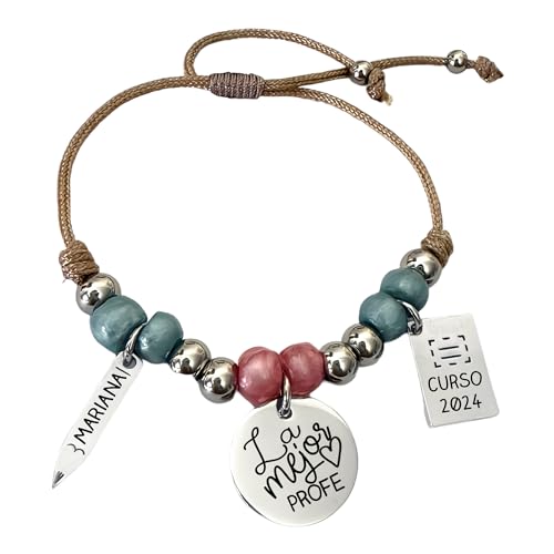 Pulsera Para Profesora, Personalizada, Elaborada A Mano, Acabados En Acero Inoxidable, Ajustable, Modelo Viva, Regalos Para Profesores. (Multicolor Pastel, La Mejor Profe)