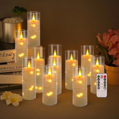 Image of 24 Pack Flameless Candles with Embedded Star String Fairy Lights, Battery Operated Candles, LED Candle, Fake Candles with Remote Control and Timer, White,(D2.2 x H 5 inch 6 inch 7 inch)