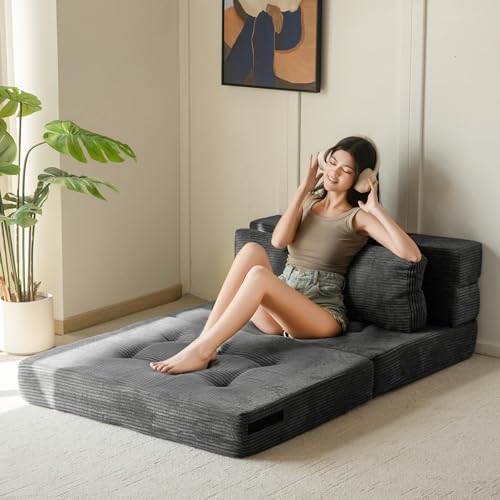 Image of MAXYOYO Convertible Sofa Bed, Fold Out Sofa Couch with Pillow, 4 in 1 Tufted Folding Couch Bed Foam Floor Couch, Lazy Chair for Living Room Bedroom Guest Room, Dark Grey