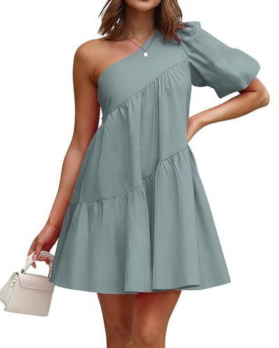 Image of KIRUNDO Summer One Shoulder Mini Baby Doll Dresses Women 2026 Casual Puff Sleeve Loose Tiered A Line Flowy Short Dress