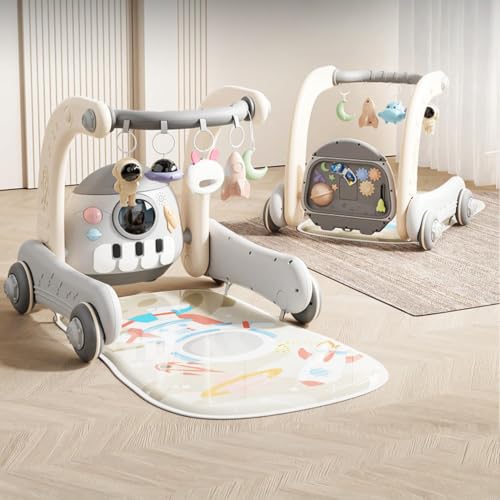 Image of Baybee 4-in-1 Activity Baby Walker for Kids with Convertible Play Gym, Musical Piano & Push Walker | Interactive Hanging Toys, Lights, Anti-Slip Wheels for Babies 0 to 3 Years (Grey)
