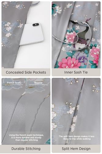 Image of BABEYOND Women's Kimono Robe Long Satin Robes with Peacock and Blossoms Printed Kimono Nightgown