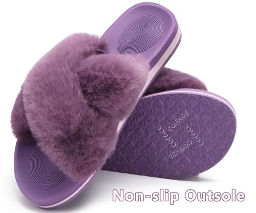 Image of COFACE Womens Fuzzy Slides Fluff Faux Fur Cross Slippers Open Toe Yoga Mat House Slipper Sandals With Arch Support For Indoor /Outdoor