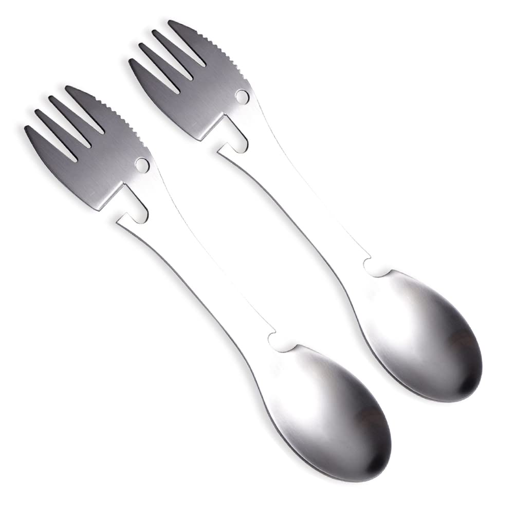 2 Pack Multifunctional Camping Spork, 5 in 1 Spoon Fork Knife Combo Stainless Steel, Durable Portable Outdoor Spork Multitool With Bottle Opener for Picnic, Travel, Hiking (Silver)