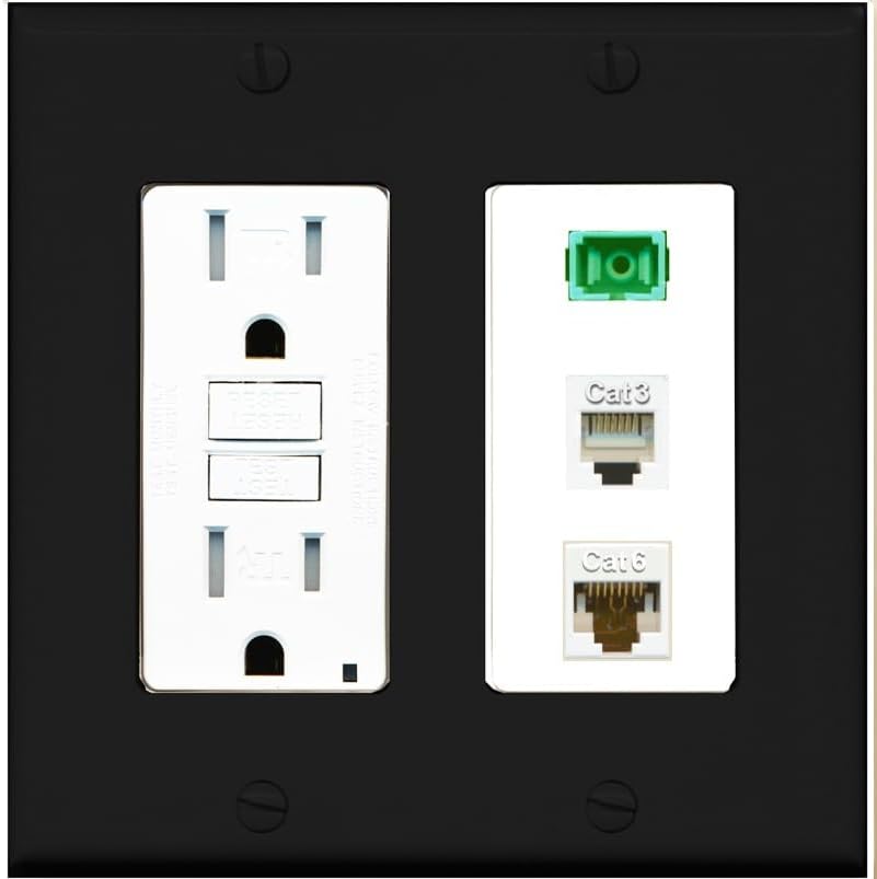 RiteAV 1 Port SC APC Simplex Phone and Cat6 Ethernet Wall Plate - GFCI Outlet [Screwless White]