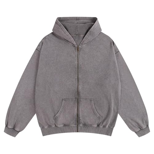 SnowElve Mens Zip Up Hoodie Women Full Zip Hoodies Vintage Acid Wash Oversized Sweatshirts Hooded Sweatshirt Streetwear(Grey S)