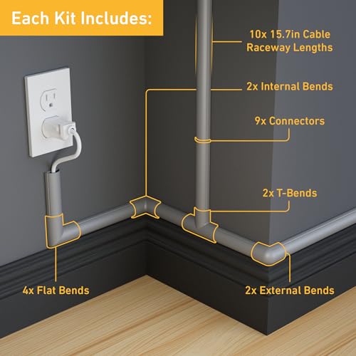 Image of D-Line 157in Cord Cover Kit, Self-Adhesive Wire Hiders, Cable Raceway to Hide Wires on Wall, Electrical Cable Management - 10x 15.7 Lengths & 19 Accessories - 1.18 inch (W) x 0.59 inch (H) - Gray