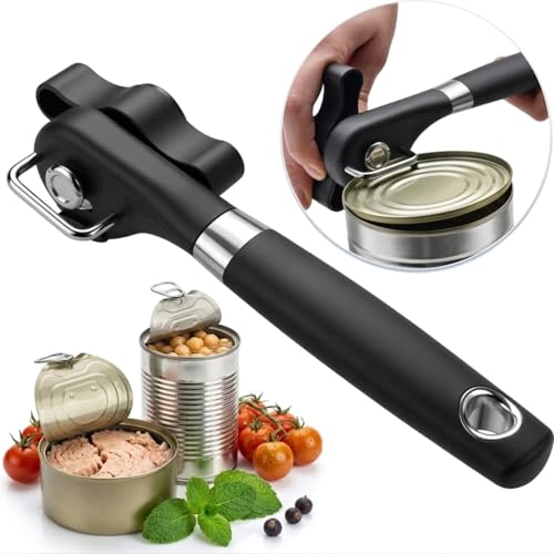 RICKUNCL Side Cut Can Opener Smooth Edge, Safety Can Opener with Durable Sharp Blade, Big & Soft Turn Knob & Comfortable Non-Slip Handle, Black