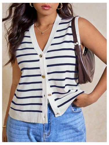 Image of Verdusa Women's Plus Size Old Money Vest Tops 2025 Striped Sleeveless Button Up Sweater Vests