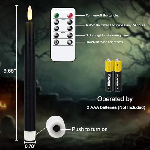 Image of GenSwin Black Flameless Taper Candles with Remote, Halloween Flameless Candles Flickering Battery Operated, Real Wax LED Halloween Candlesticks with 3D Wick for Home Decor(Set of 3, 0.78 inch x 9.65 inch)