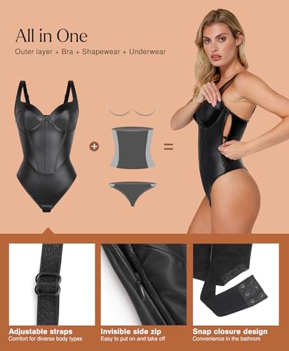 Popilush Leather Corset Bodysuit for Women Tummy Control V Neck Thong Shapewear Sleeveless Body Suit Tops3