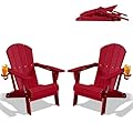 PLUUV Folding Adirondack Chair Set of 2, Hdpe All-Weather Patio Chairs with Cup Holder, Wooden Textured Fire Pit Chairs, Outdoor Chair for Poolside, Backyard, Deck?Red?
