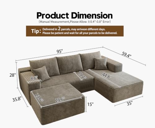 Image of Settab 95 inch Boneless Couch Modular Sectional Sofa with Ottoman,U Shape Lounge Cloud Couch,Flexible Module Combination for Living Room, No Assembly
