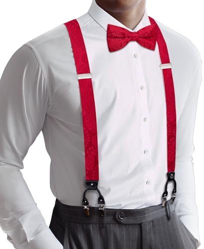 Image of YOHOWA Men Suspenders 6 Clips Strength Adjustable Y Braces Pre-Tied Bow Tie Set Formal Wedding Party