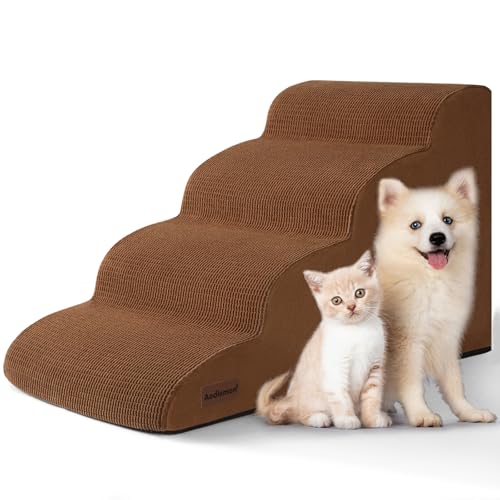 Image of Aodisman Dog Steps for Bed or Couch,4-Step Pet Stairs Ramp for Small Dogs | 17.4 inch H Indoor Non-Slip Dog Stairs Help Senior Dogs,Short-Legged Breeds,Puppies and Cats to Reach Beds and Chairs,Grey,Brown
