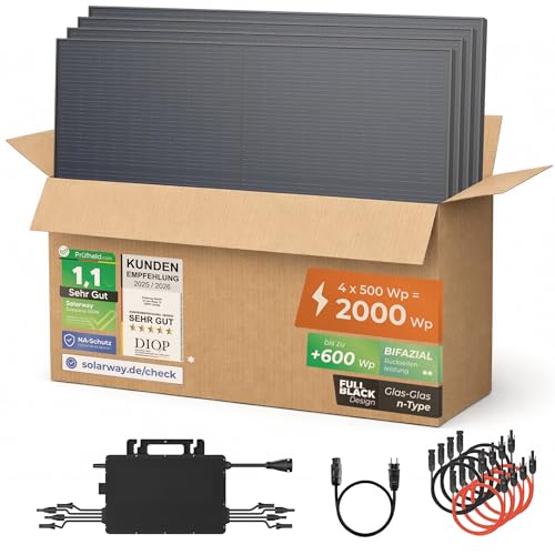 Solarway Balkonkraftwerk 2000W Komplettset mit neuestem Hoymiles HiFlow 2000 PRO Wechselrichter 4× 500Wp bifaziale Full Black Solarpanels Mini PV Anlage für Steckdose inkl. Zubehör