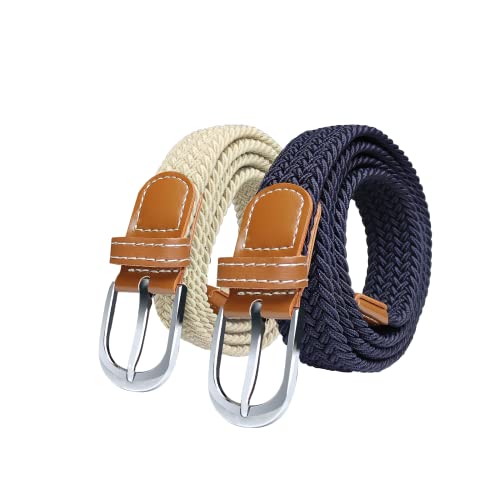 SWAUSWAUK Womens Belts x 2 pcs - Elastic Belt Women Ladies Belts for Jeans & Pants Slender Canvas Belt One Size & 2.5 cm Wide (Navy Blue+Khaki)