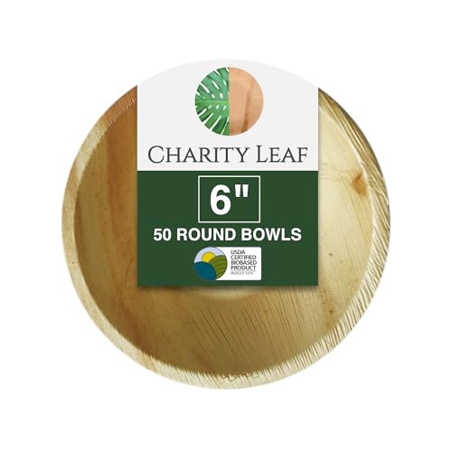 Charity Leaf Disposable Palm Leaf 6 Round Bowl (50 pcs) Dipping Bowls | Bamboo Like| All Natural and Biodegradable | Charcuterie Boards BBQs and Parties