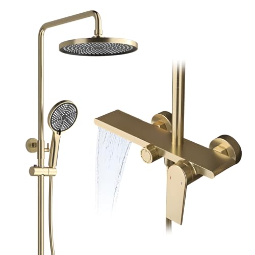 MayCon TIFO - Colonne de Douche Mural Doré Brossé Or - Mitigeur en Laiton Massif - Barre de douche en Acier Inoxydable - Pommeau de Douche Rond