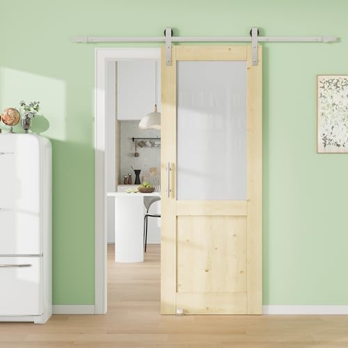 Image of 32 inch x 80 inch Presembled 3-Lite Molded Panel Barn Door with 72 inch Track Kit, Solid MDF Sliding Barn Door for Closet Kitchen Bedroom Pantry, Excellent Sound & Thermal Insulation, Nickel-Plated Hardware Kit
