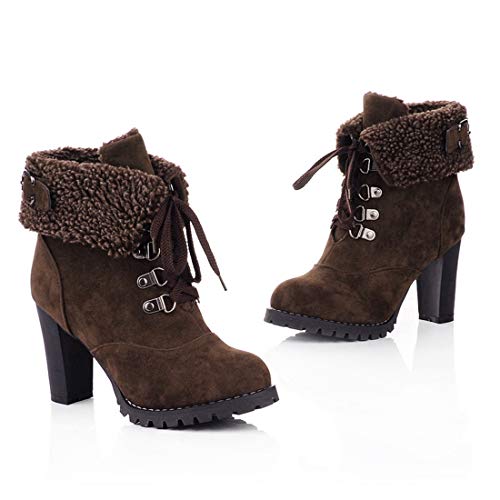 VOKLIN Women's Winter Fur Cuff Ankle Boots Lace Up Round Toe Chunky Block High Heel Warm Dressy Short Booties2