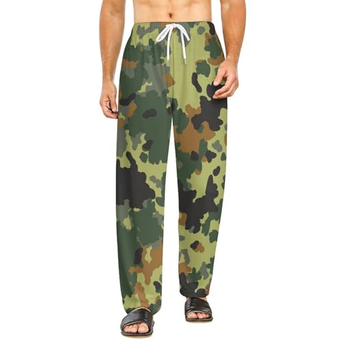 Camouflage Green Comfy Casual Pajama Pants,Print Drawstring Palazzo Lounge Pants Wide Leg