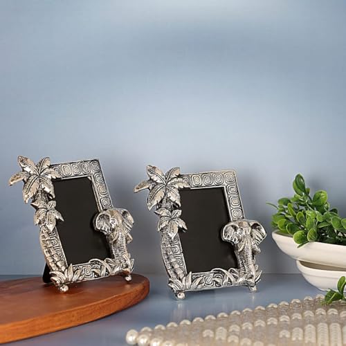 Image of LABHCART Decorative Elephant Palm Tree Photo Frame, Silver Antique Finish, 12 x 10 cm, Pack of 2