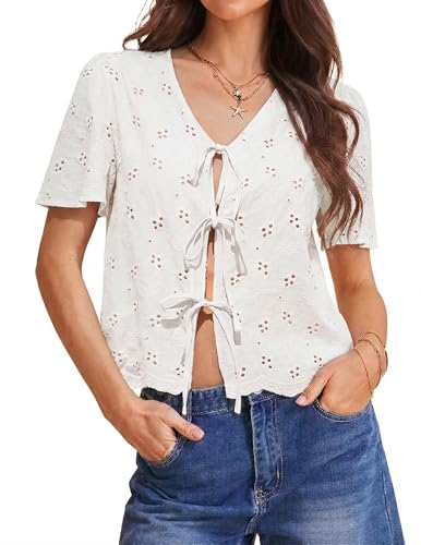 Totatuit Womens Cotton Tie Front Tops Boho V Neck Eyelet Shirt Embroidery Cute Summer Beach Vacation Outfit Flowy Cover Up White