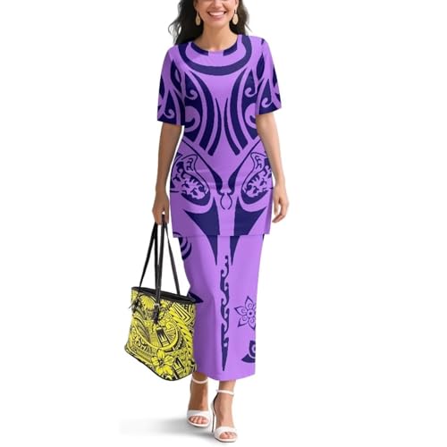 Image of Puletasi Samoan Traditional 2 Piece Outfits for Women Short Sleeve Crop Top and Maxi Skirt Sets Puletasi Dress
