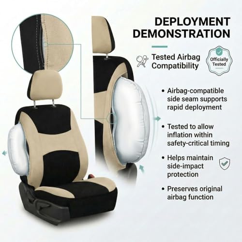 Image of FH Group Car Seat Covers Full Set Cloth - Universal Fit, Automotive Seat Covers, Low Back Front Seat Covers, Airbag Compatible, Split Bench Rear Seat, Car Seat Cover for SUV, Sedan, Van Beige