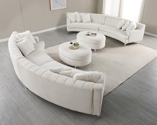 Morden Fort 141'' Oversized Curved Sofa, Sectional Sofa Couch with Table, Luxurious Boucle Modern Couch Modular Sofas Firm Boucle Home Sofa Oversized Deep Couches for Living Room Apartment White