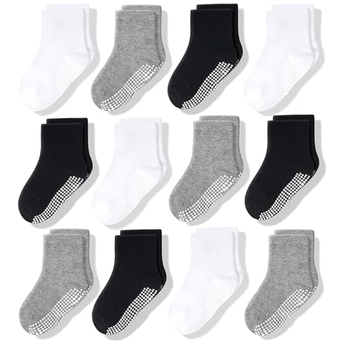 CozyWay Baby & Toddler Socks With Grippers Non Slip Crew Grip Socks for Girls and Boys Soft Comfy Cotton 1T-3T Black White Gray 12 Pack