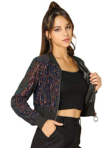Allegra K Damen Pailletten Jacke Langarm Reißverschluss Crop Glitzer...
