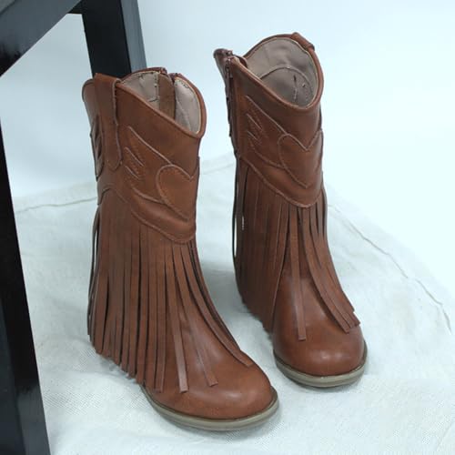 Girls Winter Low Heels Tassel Combat Knight Boots Cowgirl Cowboy Western Riding Shoes2